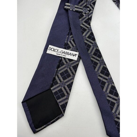 Dolce & Gabbana Made in Italy Men's Silk Neck Tie Black & Blue Plaid Pattern - Picture 4 of 5